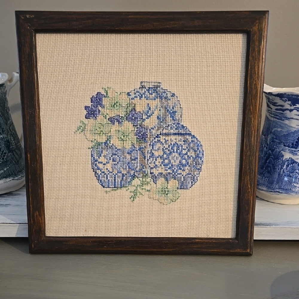 Blue and White Picture Frame with Floral Accents